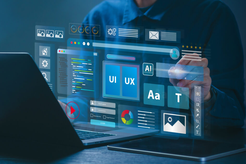 Webentwickler arbeitet an Website, umgeben von holografischen Displays mit Code, Icons und Datenvisualisierungen – Fokus auf UI/UX und Webdesign