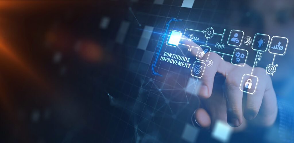 Virtueller Bildschirm der Zukunft zeigt die Inschrift „Continuous Improvement“ – symbolisiert kontinuierliche Verbesserung in Business, Technologie und Netzwerk