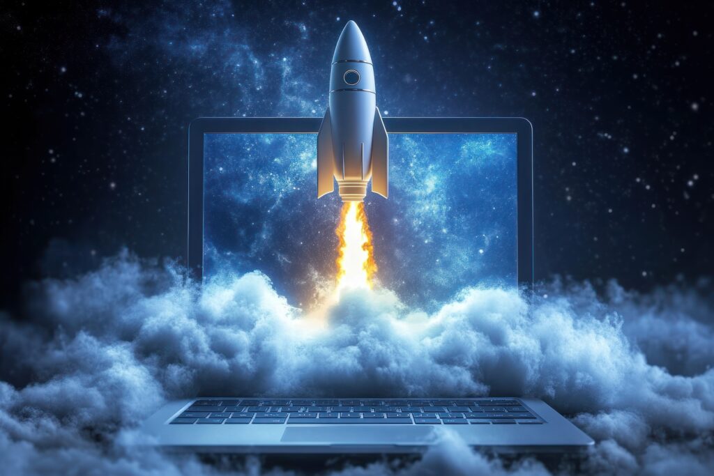 Laptop in einer Wolke mit Sternenhimmel auf dem Bildschirm, eine Rakete startet aus dem Laptop in den blauen Nachthimmel