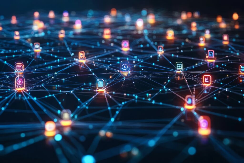 Karte mit vernetzten Icons, die Social Media Einfluss und digitale Kultur darstellen – symbolisch für The Influence Algorithm
