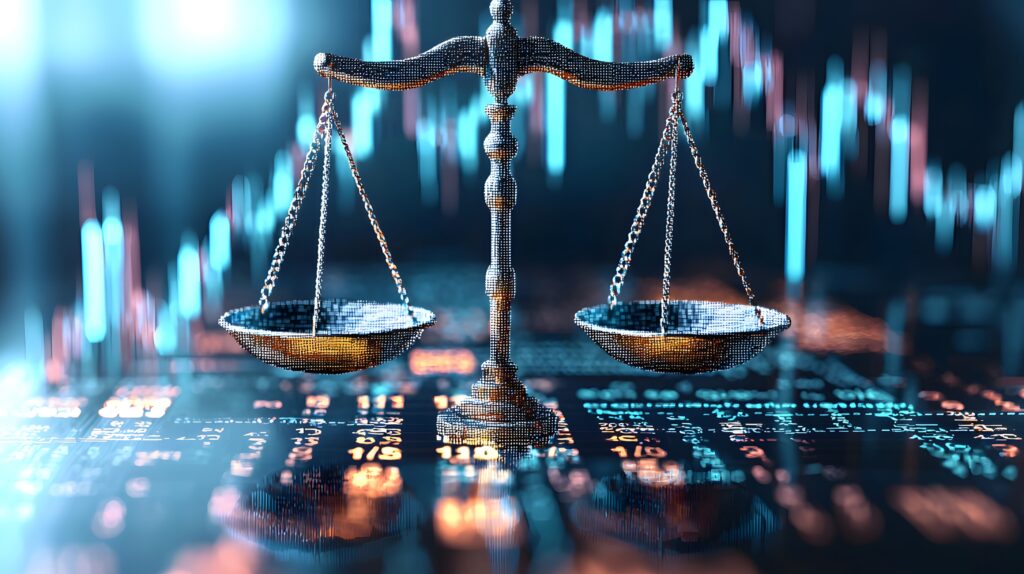 Waage der Gerechtigkeit spiegelt finanzielle Gleichheit wider – symbolisiert die Verbindung von rechtlichen und finanziellen Aspekten in modernen Geschäftsprozessen
