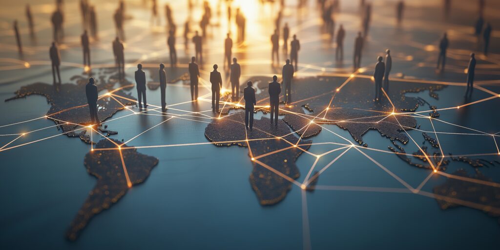 Symbolisiert globales Networking im Business, das Innovation, Zusammenarbeit und Wachstum über verschiedene Märkte hinweg fördert