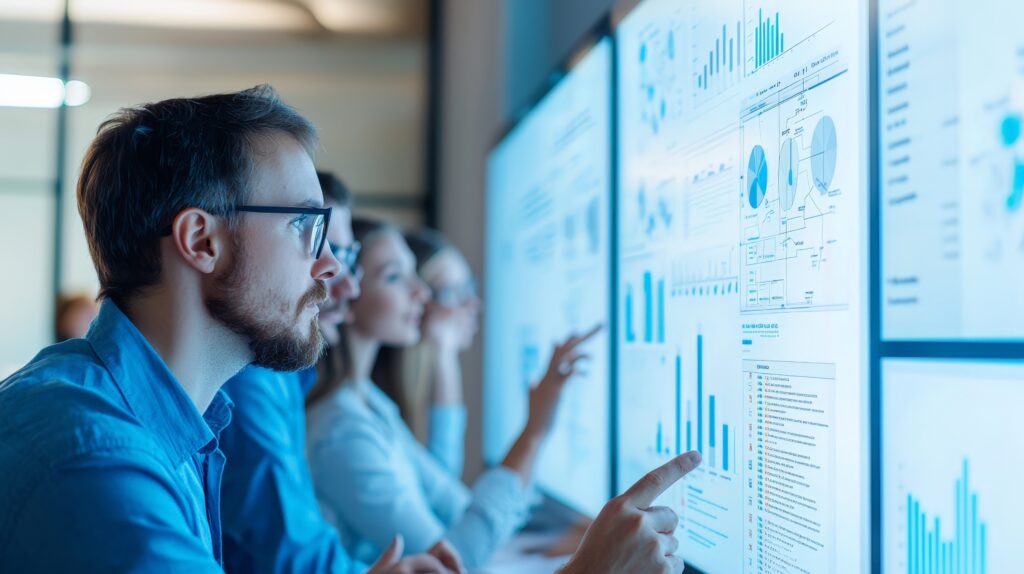 Diverses Business-Team arbeitet gemeinsam an einem Projekt und analysiert Daten auf großen Bildschirmmonitoren in einem modernen Büro