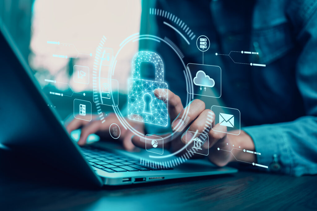 Mann berührt Daten mit Cloud-Technologie und File-Transfer, symbolisiert globale Vernetzung und Metaverse-Systeme für Telekommunikation und Business