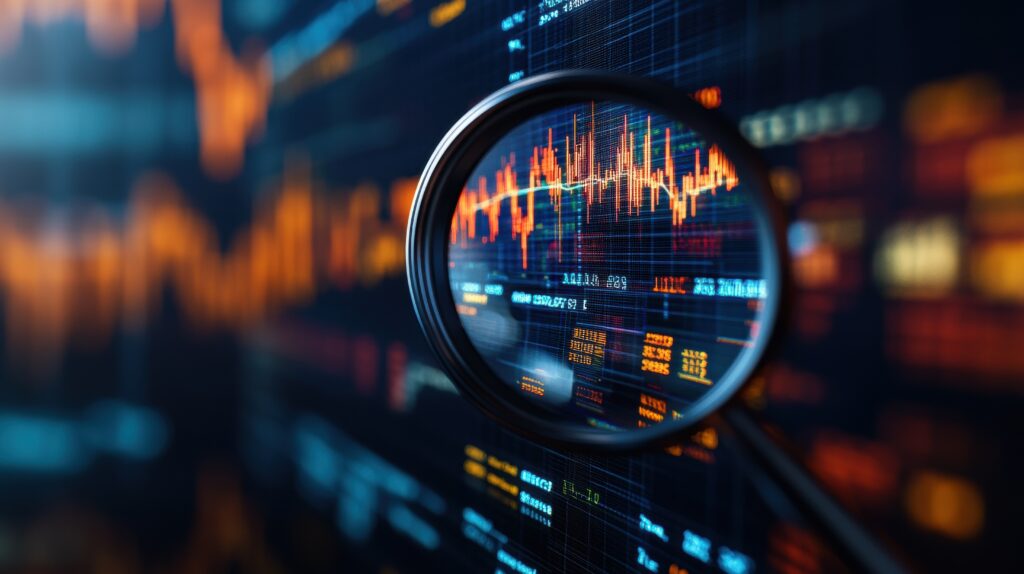 Lupe fokussiert auf Symbole und Aktienverläufe – Darstellung von Marktanalyse mit digitalen Visualisierungstools im Finanz- und Tech-Umfeld