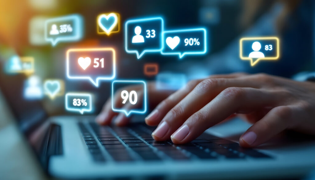 Person tippt auf Laptop, umgeben von Social-Media-Icons und Benachrichtigungen, symbolisiert Online-Interaktion und Engagement in sozialen Netzwerken