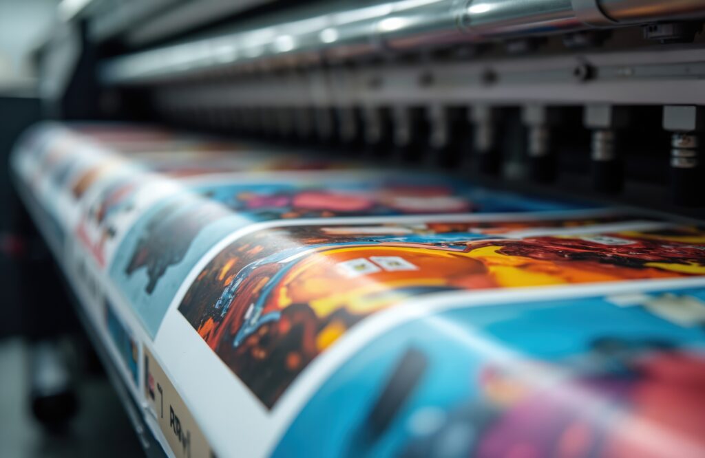 Nahaufnahme eines bunten Flyers, der auf einer Druckmaschine produziert wird – Symbol für hochwertige Druckproduktion von Werbematerialien und Marketingmaterialien