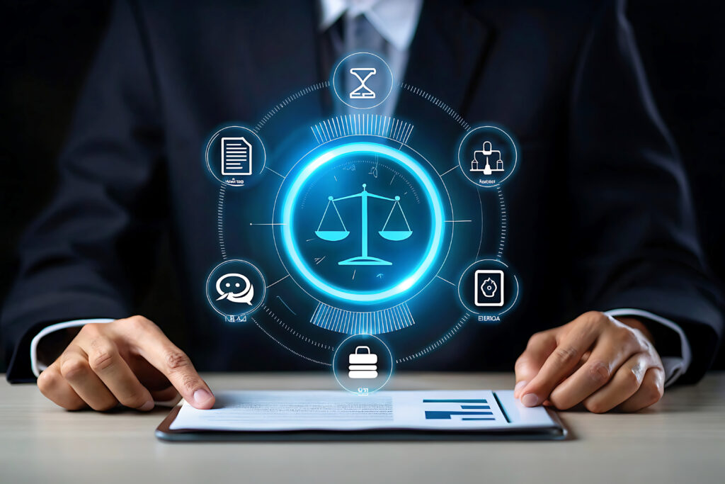 Anwalt nutzt ein Tablet mit einem Hologramm der Justitia-Skala, symbolisiert technologische Integration in die Rechtsberatung und digitale juristische Dienstleistungen