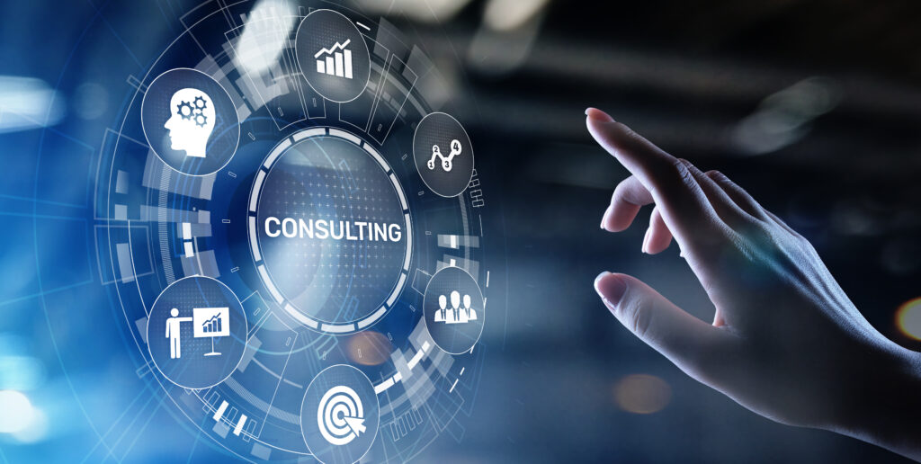 Virtueller Bildschirm mit dem Konzept der Unternehmensberatung – symbolisiert digitale Strategien und professionelle Business Solutions