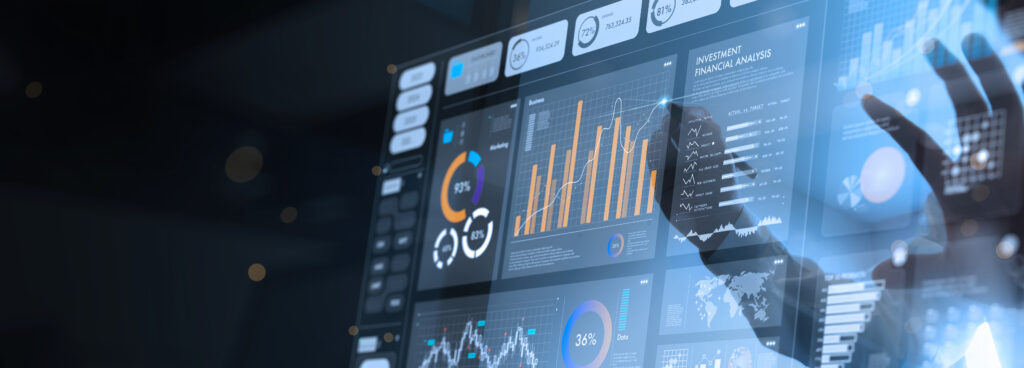 Analyst arbeitet an einem Business-AI-Dashboard mit KPIs, Diagrammen und Metriken zur Analyse von Daten und Erstellung strategischer Reports