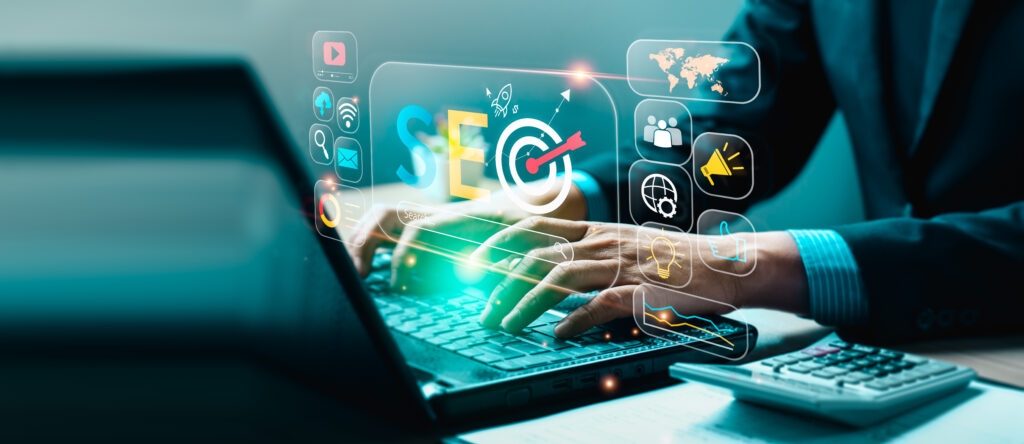 Geschäftspersonen nutzen SEO-Tools zur Online-Optimierung – Fokus auf Sichtbarkeit, organischen Traffic und Suchmaschinen-Rankings durch strategische Techniken