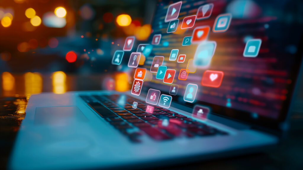 Bunte Social-Media-Icons schweben über einer Laptop-Tastatur – Symbol für Online-Engagement und digitale Kommunikation