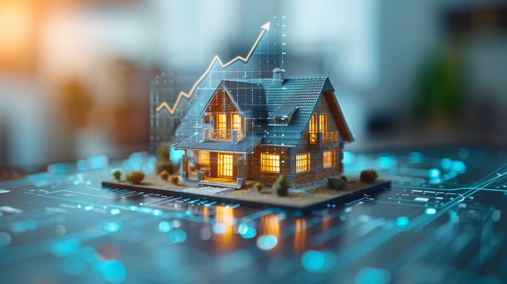 Miniaturhaus-Modell mit holografischem aufsteigendem Graph und futuristischem holografischen Boden – symbolisiert Konzept der Immobilieninvestition