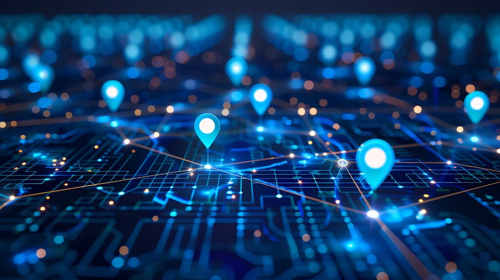 Futuristische Karte mit miteinander verbundenen Wegen, die die Navigation durch die digitale Landschaft symbolisieren
