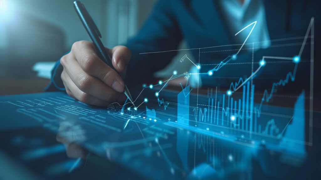 Geschäftsmann zeigt ein Wachstumsdiagramm und analysiert Finanzdaten für strategische Geschäftsplanung und Investitionsfortschritt vor einem blauen Hintergrund