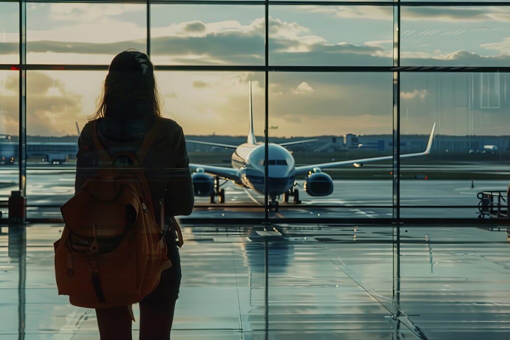 Frau im Flughafen schaut durch ein Fenster auf ein stehendes Flugzeug auf dem Rollfeld