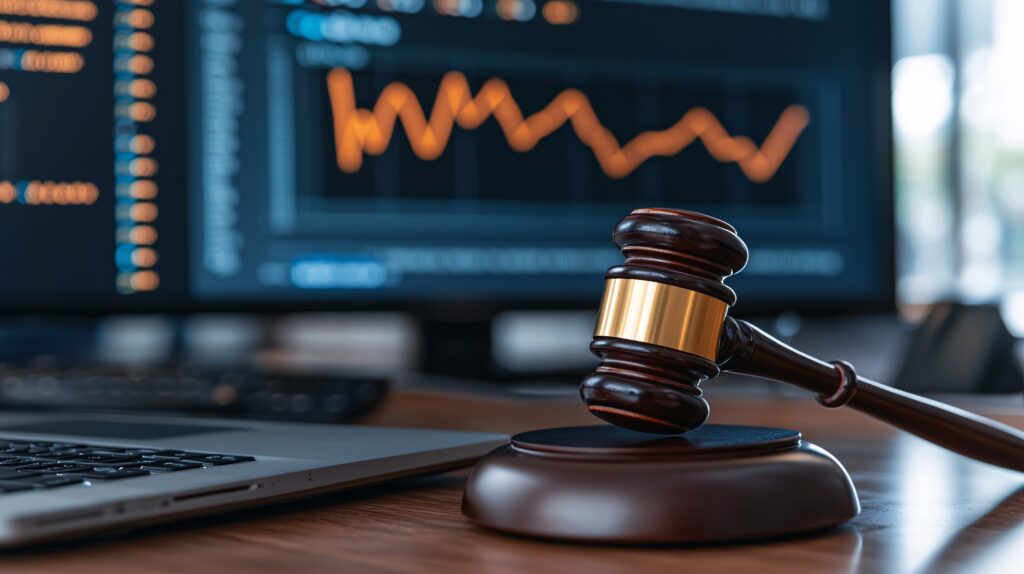 Richterhammer und Aktienmarkt-Graph auf Computerbildschirm – symbolisiert rechtliche und finanzielle Analysen in Verbindung mit dem Markt