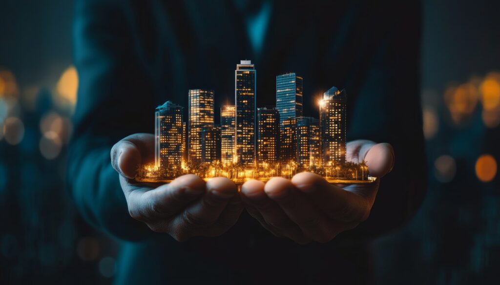 Geschäftsmann überwacht Konzepte der Immobilieninvestition, -sicherung und digitalen Transaktionen