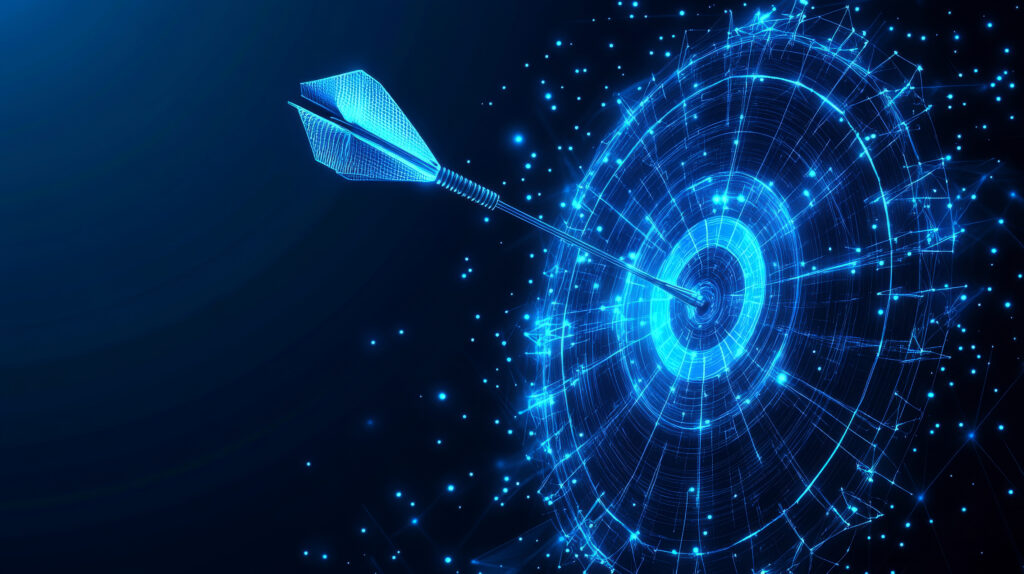 Geschäftlicher Erfolg mit Zielsetzung auf blauem Hintergrund – Dart trifft das Bullseye auf einer Dartboard, dargestellt im Low-Poly-Wireframe-Stil
