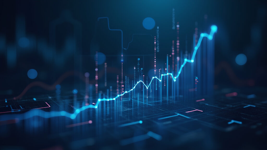 Perspektivische Ansicht des Aktienmarktwachstums mit digitalen Finanzdiagrammen und Indikatoren auf einem verschwommenen, dunkelblauen Hintergrund
