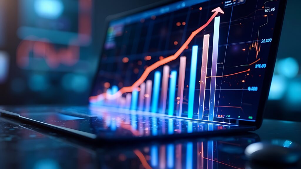 Digitalwährungs-Wachstumsdiagramm mit Aufwärtstrend, zeigt die steigende Wertentwicklung von Kryptoassets und finanziellen Fortschritt über die Zeit